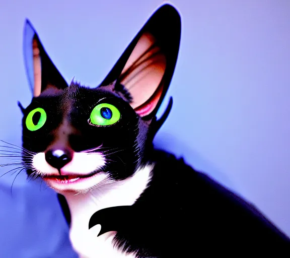 Image similar to a blue - and - black male catbat fursona with blue / green heterochromatic eyes ( differently - colored eyes, one eye green, one eye blue ) and huge bat ears, photo of the catbat streaming on his computer