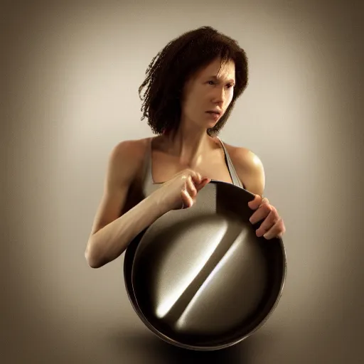 Prompt: a woman warrior holding a frying pan. high definition. hyper realistic. digital art