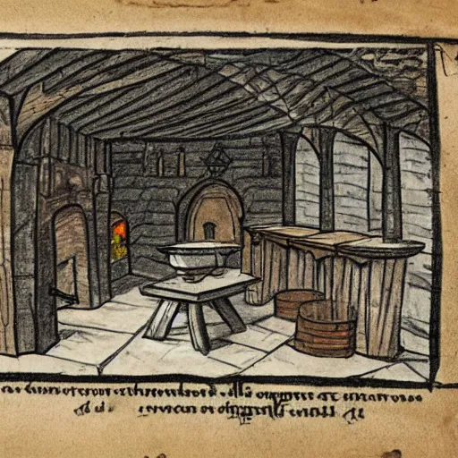 Image similar to Sketch of a medieval tavern with one floor, a counter, four round tables and a fireplace