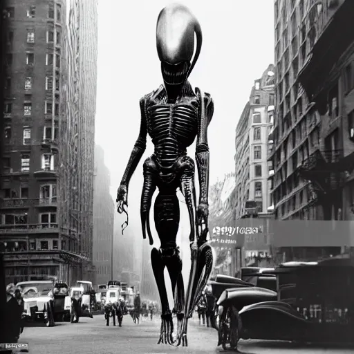 Image similar to old black and white photo, 1 9 1 3, depicting a xenomorph from the movie aliens rampaging through the bustling streets of new york city, historical record