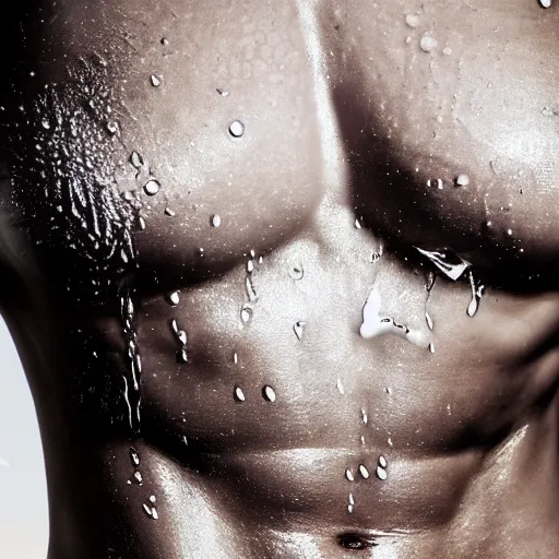 Prompt: close up photo of a sportive sexy belly, drops of water, six pack, hyper realistic, textured skin, art photography