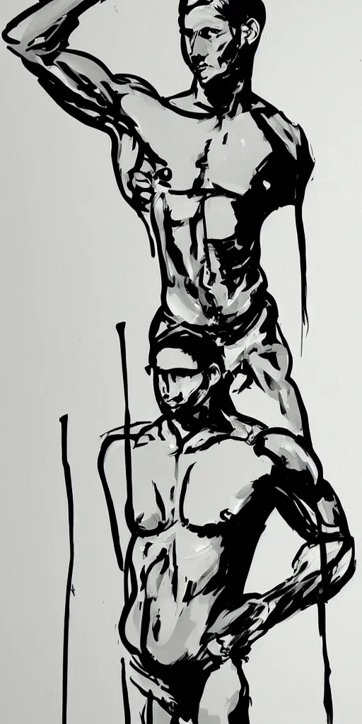 Image similar to thick long paint brush strokes, outline suggesting the physique of a thin athletic male doing pullup, matte paint colors, minimal painting, negative space, long flowing brush strokes