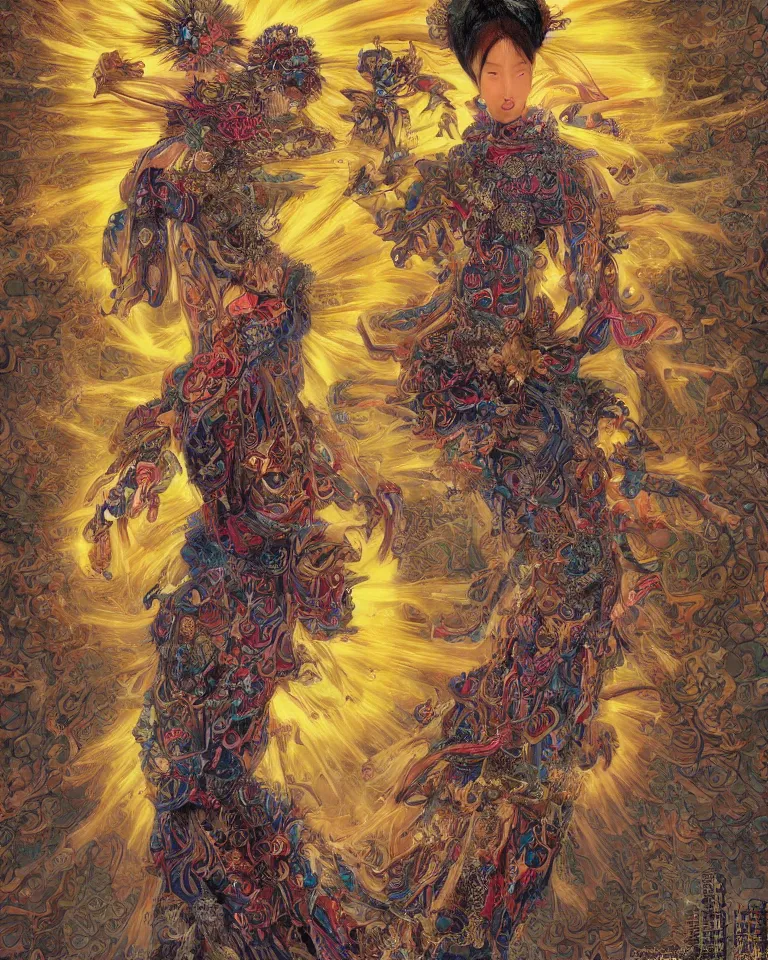 Image similar to chinese sunflower goddess - complex and hyperdetailed divine dress design. reflection and dispersion materials. rays and dispersion of light. volumetric light. f / 3 2. noise film photo. flash photography. ultra realistic, 5 0 mm. poster by wayne barlowe, hajime sorayama aaron horkey, craig mullins