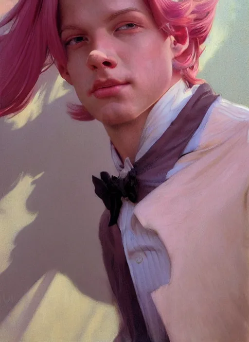 Image similar to androgynous cute pink haired male, muted colors, colorful flowers, sunlight filtering through skin, j. c leyendecker, by alan lee, wlop! illustrated by starember, fantasy art by craig mullins cfg _ scale 9