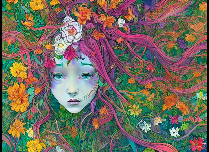 Image similar to a painting of a beautiful young girl with a lot of flowers and plants on its head, poster art by android jones, behance contest winner, generative line art, made of flowers, grotesque, concert poster