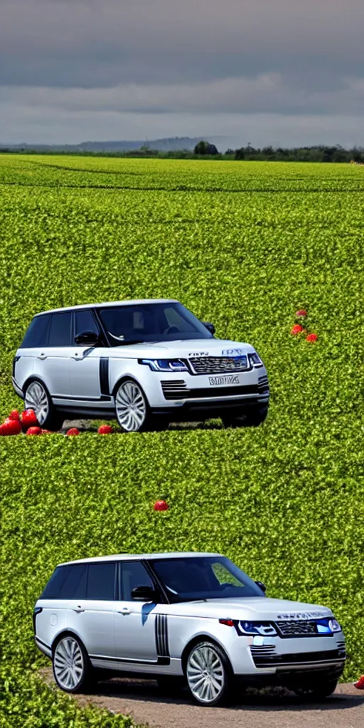 Image similar to A range rover supercharged in the middle of a strawberry field