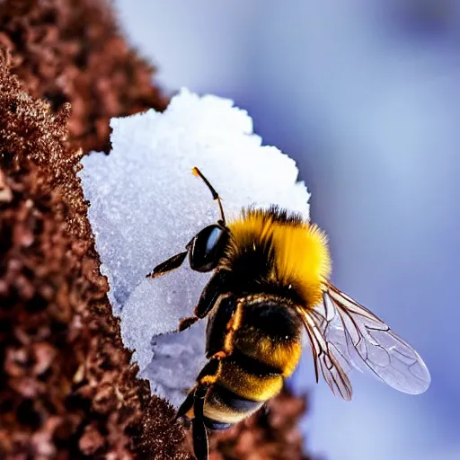 Image similar to a bee finding a beautiful flower made of snow in antarctica, only snow in the background, beautiful macro photography, ambient light