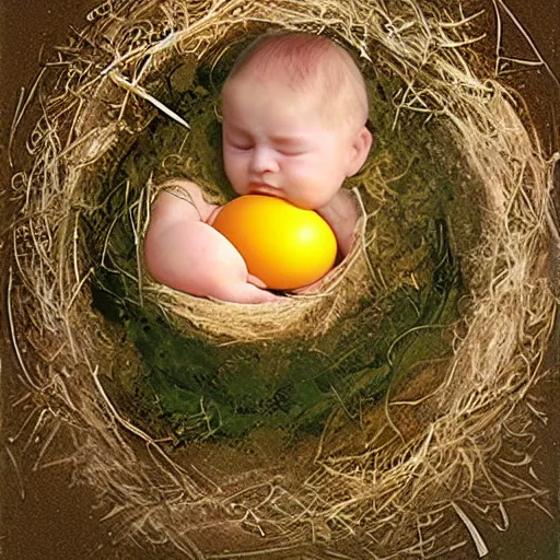 Image similar to concept art of a baby corgi emerging from an egg in a nest, anne geddes