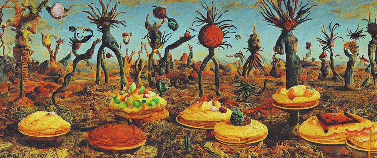 Prompt: surrealist pastry desserts, cupcake, layer cake, pies by max ernst in a california desert landscape