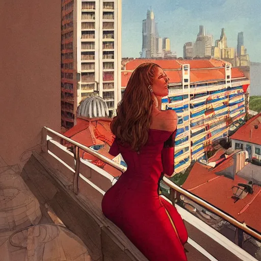 Image similar to a beautiful artwork of a woman in red dress sitting on the balcony of a hotel top view, by Jerome Opeña, featured on artstation