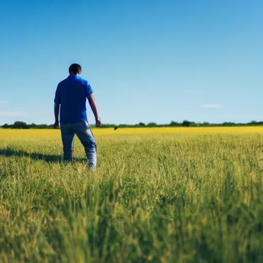 Prompt: guy in blue jack walking in a field