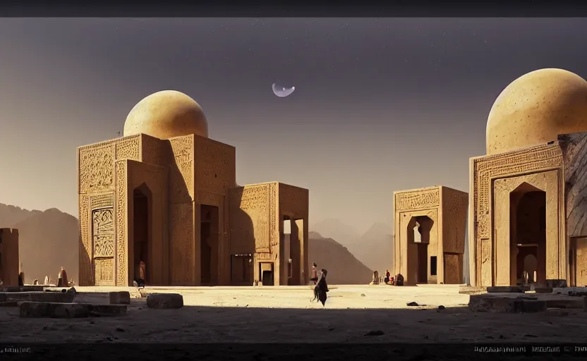 Image similar to exterior shot of utopian ancient persian architecture with cinematic lighting by peter zumthor and renzo piano, darek zabrocki and greg ruthkowski, simon stalenhag, m. c. escher vibe, cinematic, holy place, paradise, scifi, futurism, atmospheric, concept art, artstation, trending on artstation