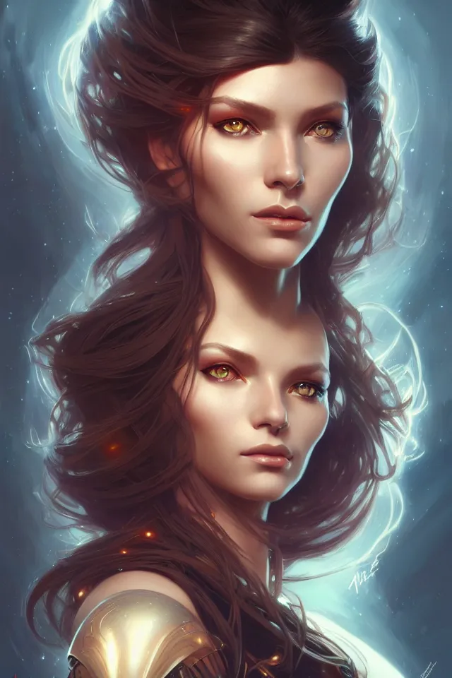 Image similar to futuristic woman portrait, sci-fi, amber eyes, face, long hair, fantasy, intricate, elegant, highly detailed, digital painting, artstation, concept art, smooth, sharp focus, illustration, art by artgerm and greg rutkowski and alphonse mucha