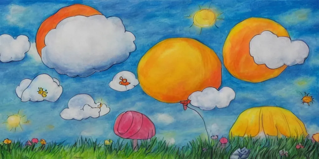 Prompt: peaceful puffy clouds, childrens drawing, 4 k