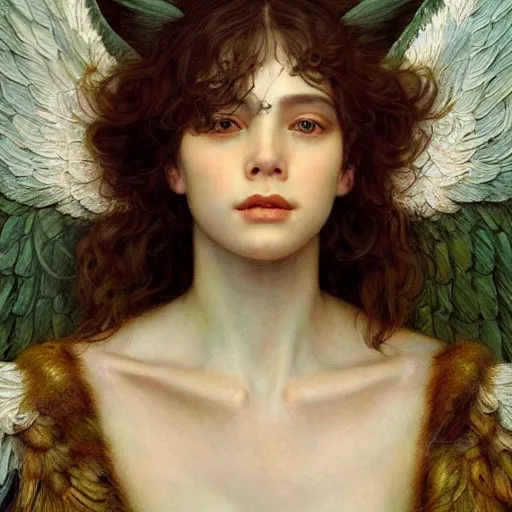 Image similar to epic masterpiece full body portrait a beautiful female angel, flawless skin, perfect body, perfectly formed wings, by Edgar Maxence and Ross Tran and Michael Whelan