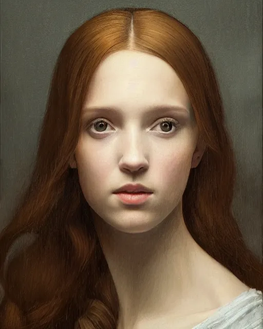 Image similar to a window - lit realistic portrait painting of a thoughtful girl resembling a young, shy, redheaded alicia vikander or millie bobby brown, lit by a window at the side, highly detailed, intricate, by leonardo davinci and rosetti