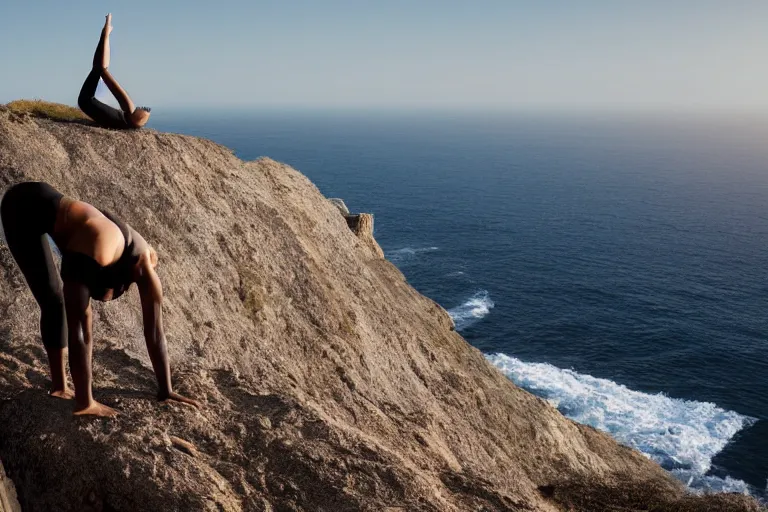 Image similar to photo of a gorgeous black model yoga on a Tesla on a cliff on the ocean By Emmanuel Lubezki