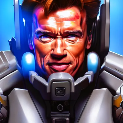 Image similar to a screenshot of arnold schwarzenegger as tracer in overwatch, portrait, fantasy, beautiful face, vivid colors, elegant, concept art, sharp focus, digital art, hyper - realistic, 4 k, unreal engine, highly detailed, hd, dramatic lighting by brom, trending on artstation