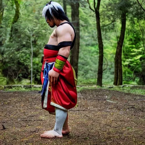 Prompt: wrestler, medieval Japan, in a forest, looking peaceful