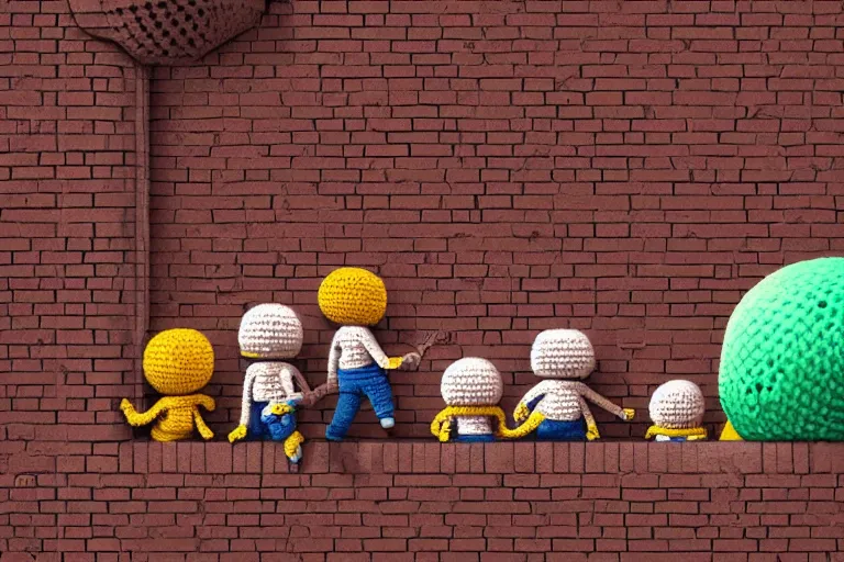 Image similar to an expedition of crochet cute astronauts discovering a hole of a brick wall. cute, illustration, digital art, inspired by little big planet, by greg rutkowski, detailed, sharp, masterpiece, highly detailed, photorealistic, octane render, 8 k, unreal engine 5, trending on artstation, vivid colors