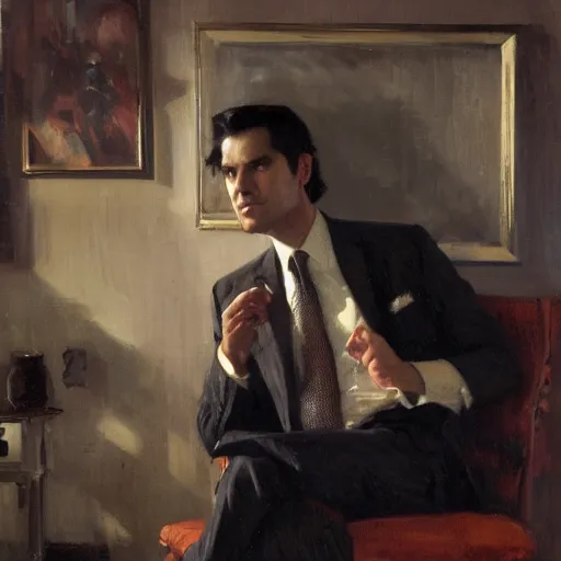 Image similar to detailed cinematic wide shot of sucession atractive man black hair black suit smooth, sharp focus, ultra realistic, in corporate office spring light, painting by gaston bussiere, craig mullins, j. c. leyendecker