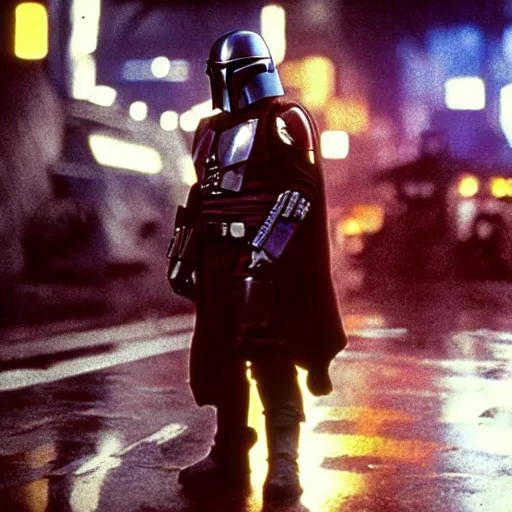 Image similar to Mandalorian in Blade Runner on a rainy city street with cars flying through the background