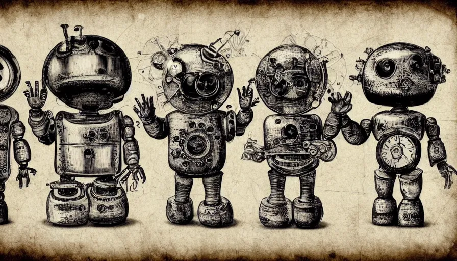 Image similar to cute steampunk robots with souls and large eyes smiling and waving, isolated on white background, drawn by leonardo da vinci with black ink and stippled pen, 3D occlusion