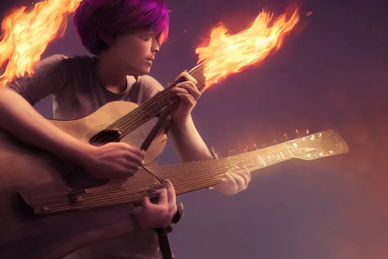 Image similar to An awesome image of a short-haired, lilac-eyed girl with a guitar spewing fire, trending on Artstation, 8k, photorealistic, hyper detailed, unreal engine 5, IMAX quality, cinematic, epic lighting, in the style of Greg Rutkowski