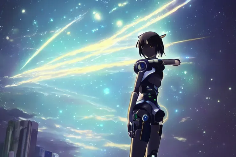 Prompt: makoto shinkai. robotic android girl. futuristic cyberpunk. dystopia. vibrant nebula sky.......................................... light sword