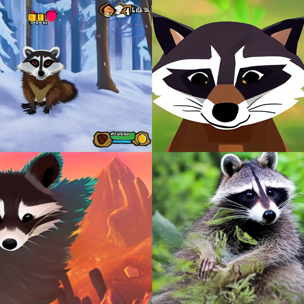 Prompt: a raccoon in the game Celeste
