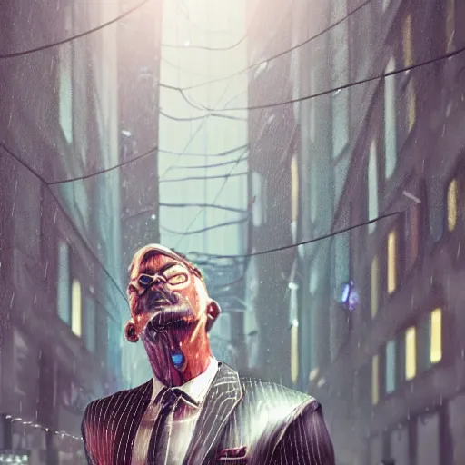 Image similar to stylish man cartoon portrait made out of rain, pinstripe suit, cyberpunk background, rendered in octane, unreal engine, highly detailed, trending on artstation, realistic, neon, beautiful, volumetric lighting, depth of field