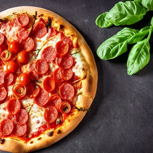 Prompt: Proper Italian pizza with salami and tomatoes piling on top, morning hard light, professional food photography, 80mm, top down