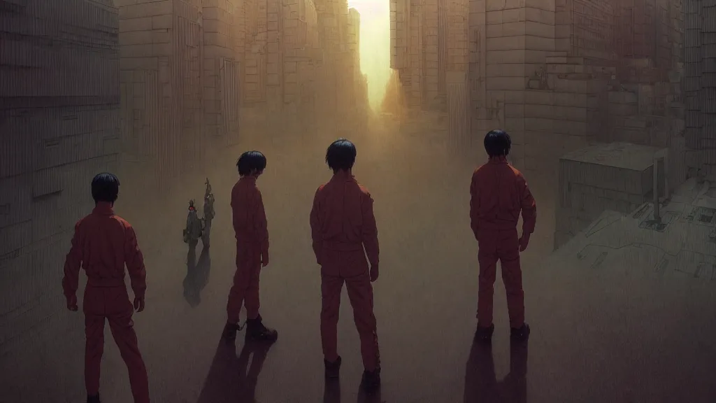 Image similar to realistic aesthetic highly detailed photography of characters in akira scene, characters with hyperrealistic highly detailed faces. from akira by katsuhiro otomo and alejandro hodorovski and denis villeneuve and gregory crewdson style with many details by mike winkelmann and vincent di fate in sci - fi style. volumetric natural light hyperrealism photo on dsmc 3 system