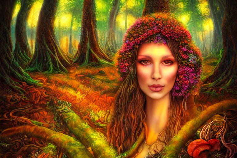 Prompt: a realistic portrait of a beautiful mushroom goddess in an enchanted psychedelic mushroom forest, at sunset, wlop,