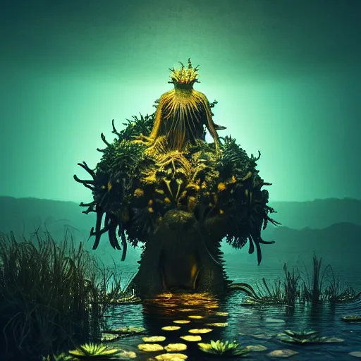 Image similar to creature in a lush desert, water reflection, night, backlit, warm tones, bioluminescent : : by michal karcz, daniel merriam, victo ngai and guillermo del toro : : ornate, dynamic, particulate, intricate, elegant, highly detailed, centered, artstation, smooth, sharp focus, octane render, 3 d