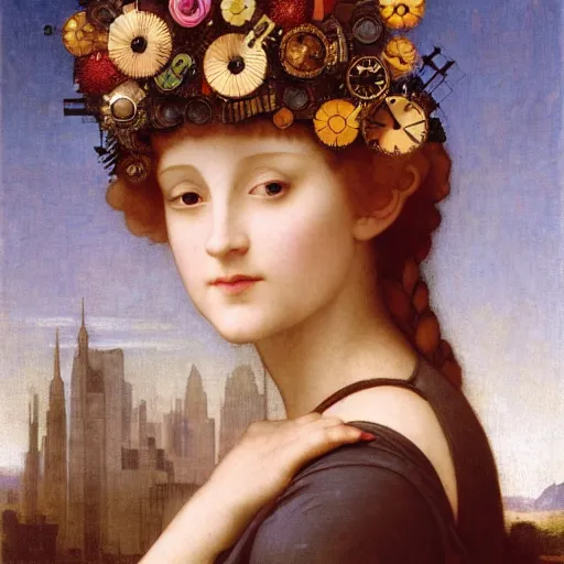 Image similar to portrait of a beautiful young cyborg woman with a big steampunk flower crown and part mechanical face , Metropolis, by Leonardo Da Vinci in the style of Bouguereau