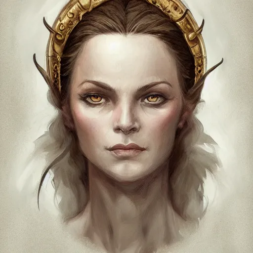 Image similar to a detailed matte head - on portrait painting of an middle - aged half - tiefling noblewoman with golden eyes and short well kept hair, by charlie bowater, lise deharme, wlop, tending on arstation, dungeons and dragon, dnd, pathfinder, fanart, oil on canvas