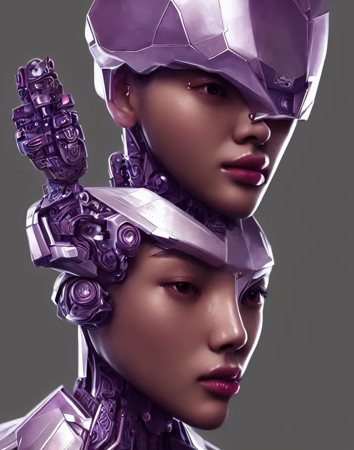 Image similar to beautiful portrait of friendly attractive alien cyborg, style of Feng Zhu, Artstation geometric, aesthetic, smooth skin, unique features, symmetrical, intricate crown, high fashion, streetwear, cyberpunk, detailed, octane render, cinematic, 8k, purple skin, brown skin