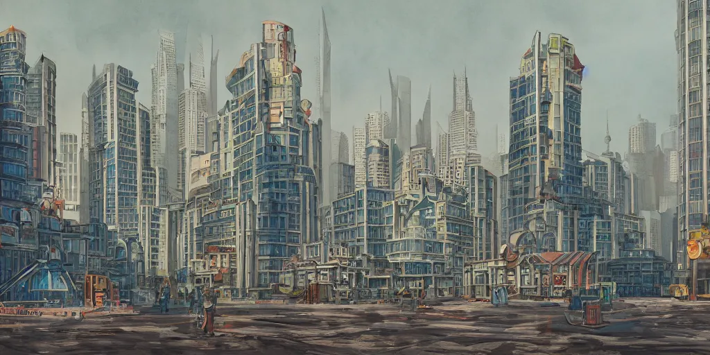 Image similar to shanghai buildings, stylized, exterior, architecture, in watercolor gouache detailed paintings, insanely detail, artstation, 8 k, futuristic, big medium small, arcane, simon stalenhag, food stall, interesting shapes & form, golden ratio, megastructures, vitaly bulgarov, mall