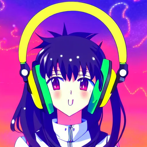 Image similar to An anime character's head wearing retro headphones. 90s anime, Sailor Moon, Neon Genesis, official art, flat cell shading, fantastic screenshot art, trending on artstation, muted nostalgic colors