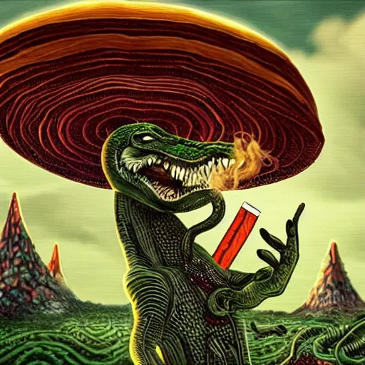 Image similar to A centered chest up portrait of a psychedelic demonic anthropomorphic snake smoking a hand-rolled cigarette smoking heavily , magic mushroom village in background , award winning. superb resolution. in the art style of junji Ito and greg rutkowski . Detailed Mushroom city in background. Hyper realistic anime. Perfect art. Dalle2