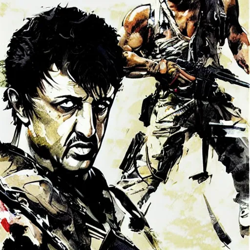 Image similar to an illustration of Stallone as Rambo by Yoji Shinkawa and Ashley Wood