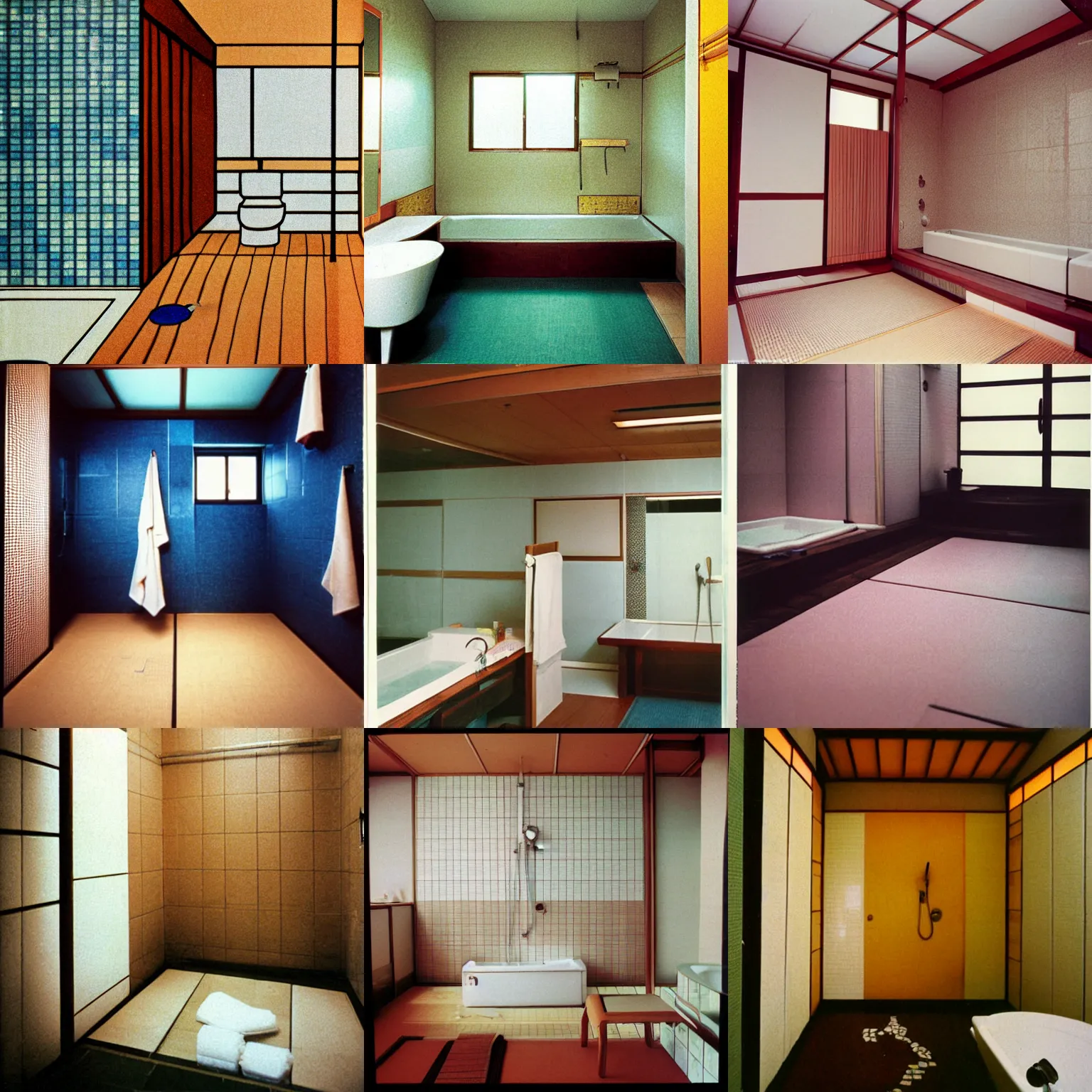 Prompt: a long - shot, color home photograph portrait of a japanese bathroom, floor, ceiling, day lighting, 1 9 9 0 photo from photograph magazine.