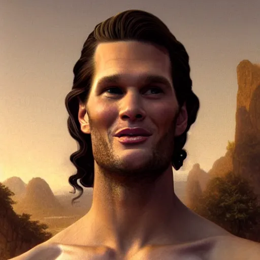 Prompt: an extremely detailed matte painting of a ridiculously good looking tom brady that looks like a jewish gigachad as the christo redentor, long curly hair, elegant ancient greek dress, very detailed, rio de janeiro, beautiful, intricate, cinematic, artstation, william bouguereau, alphonse mucha, greg rutkowski, rossdraws, octane render