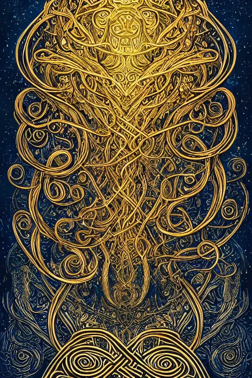 Image similar to a intricate background design with deep and intricate rune carvings and twisting intricate golden linework lovecraftian by dan mumford, twirling smoke trails, a twisting vortex of dying galaxies, collapsing stars, digital art, photorealistic, vivid colors, highly detailed, intricate