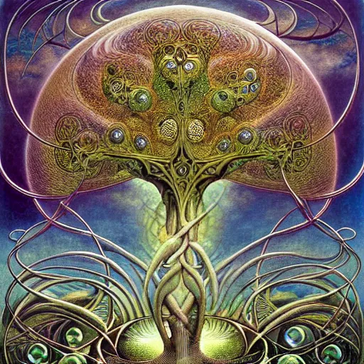 Image similar to divine chaos engine by roger dean and andrew ferez, tree of life, symbolist, visionary, art forms of nature by ernst haeckel, art nouveau botanical fractal structures, surreality, detailed, realistic,