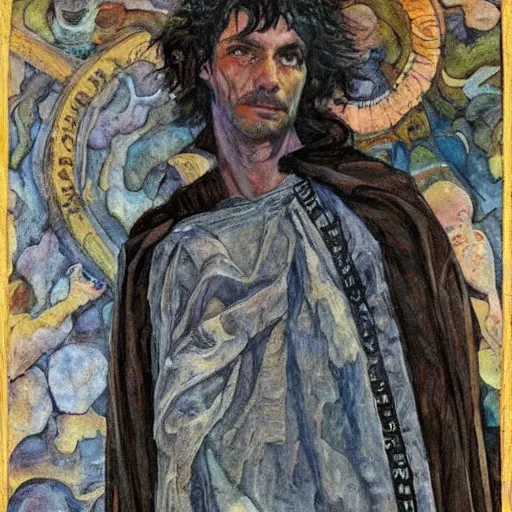 Prompt: comics sandmanin a cloak by Neil Gaiman, in style The Demon Seated, by Mikhail Vrubel, oil painting, art gallery, art museum, small details, whole-length, hyperrealism, black cloak, very detailed face, very detailed torso,