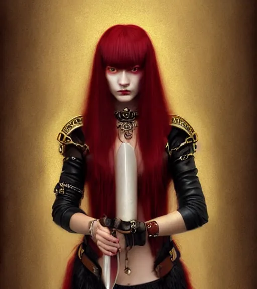 Prompt: portrait of teenage athena holding a dagger, long blood red hair, stern expression, wearing clothing of leather and fur, fringe, bone jewelry, intricate, elegant, leather jewelry, glowing lights, highly detailed, digital painting, artstation, concept art, smooth, sharp focus, illustration, art by wlop, mucha, artgerm, and greg rutkowski