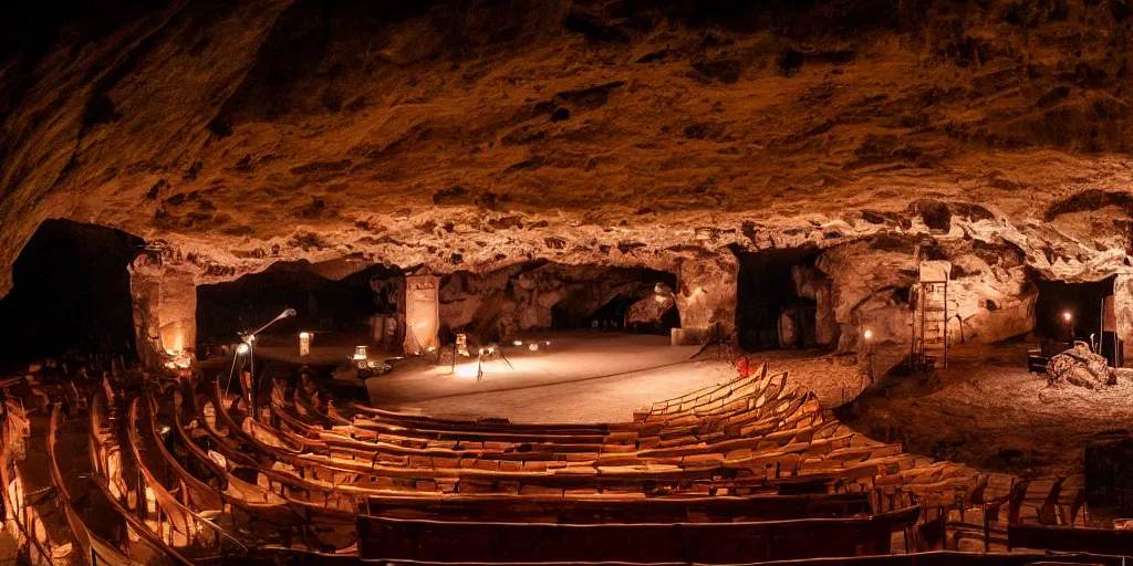 Prompt: amphitheater inside a cave with a stage and stone steps, lit by torch lights, surrounded by tiki torches