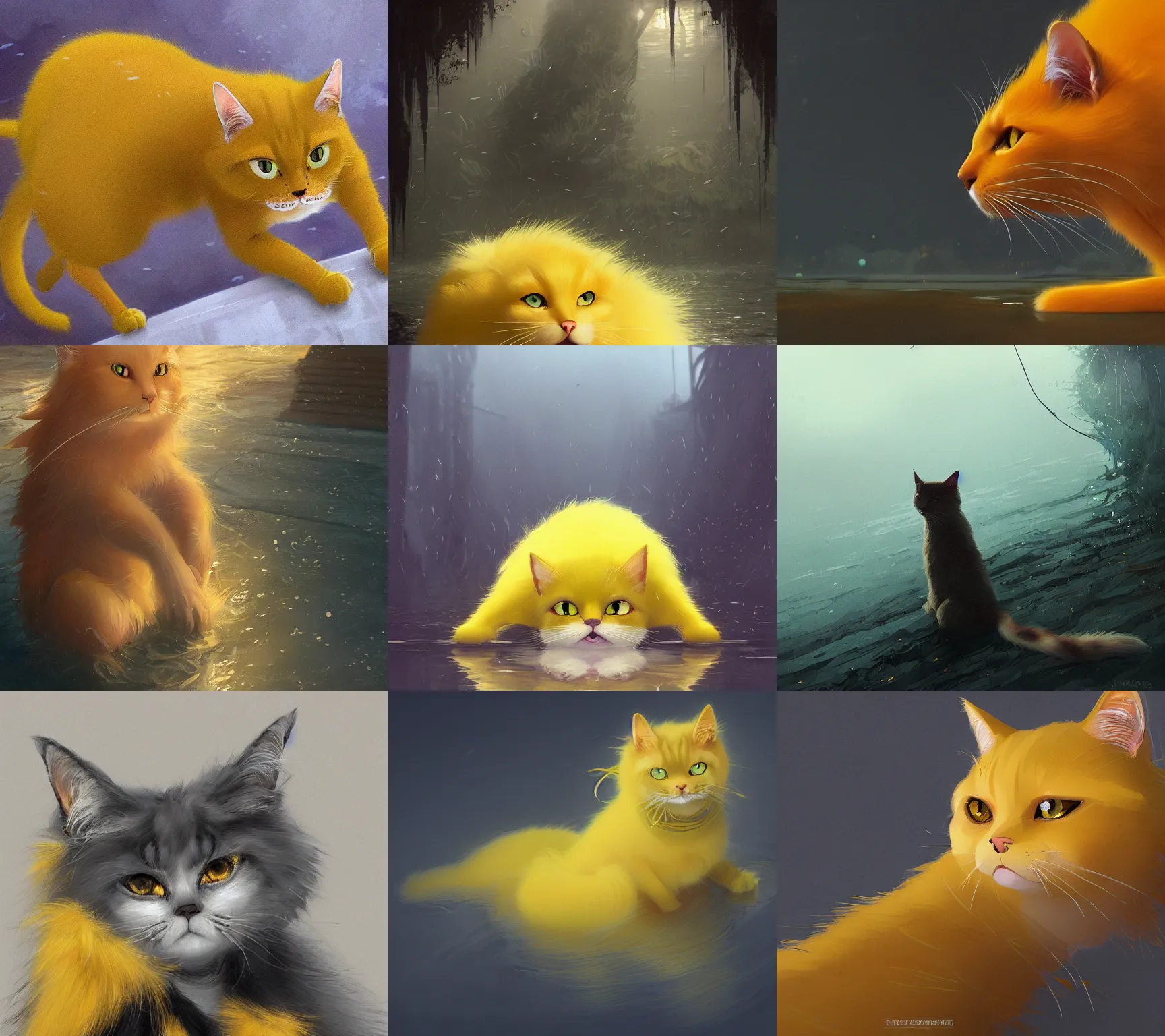 Prompt: a yellow cat with long fur starring panicked into a lake of dark water, gloomy, 4k, cinematic, gloomy. By Makoto Shinkai, Stanley Artgerm Lau, WLOP, Rossdraws, James Jean, Andrei Riabovitchev, Marc Simonetti, krenz cushart, Sakimichan, D&D trending on ArtStation, digital art.